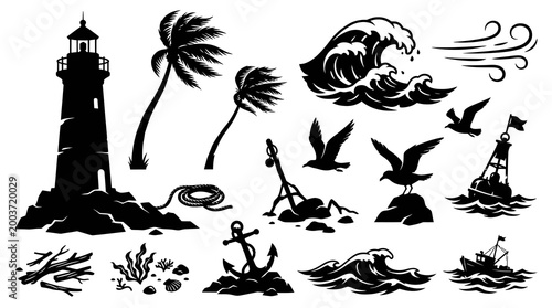 Nautical Black  White Silhouette Icons: Lighthouse, Waves, Anchor, Boat