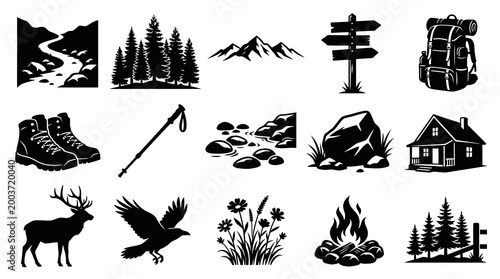 Black  White Icons Set for Hiking and Camping: Mountains, Backpack, Boots, Fire