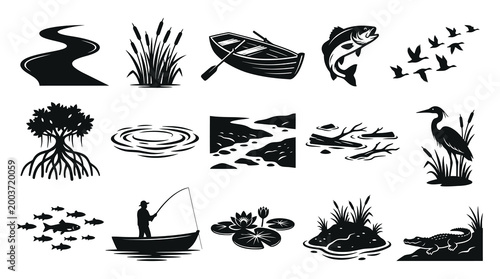 Black and White Water Life Icons - Nature River Lake Ocean Wildlife Symbols