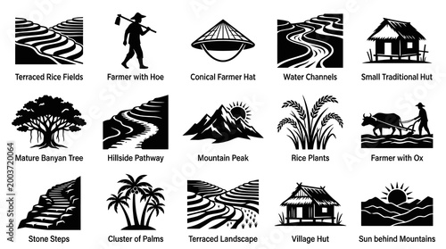 Asian rural icons: rice fields, huts, farmer, nature, vector art