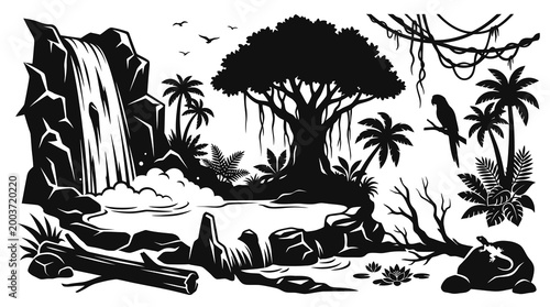 Black and White Jungle Waterfall Scene, Silhouette Art Vector
