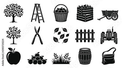 Apple Farming and Harvest Glyph Icons Set in Black and White