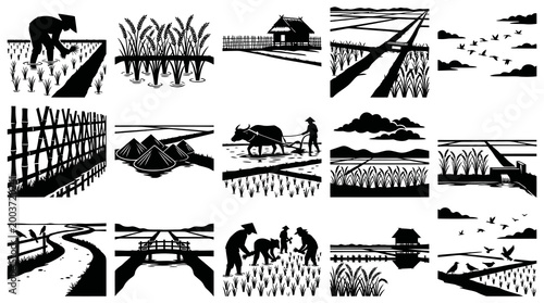 Black and White Silhouettes of Rice Farming and Rural Life