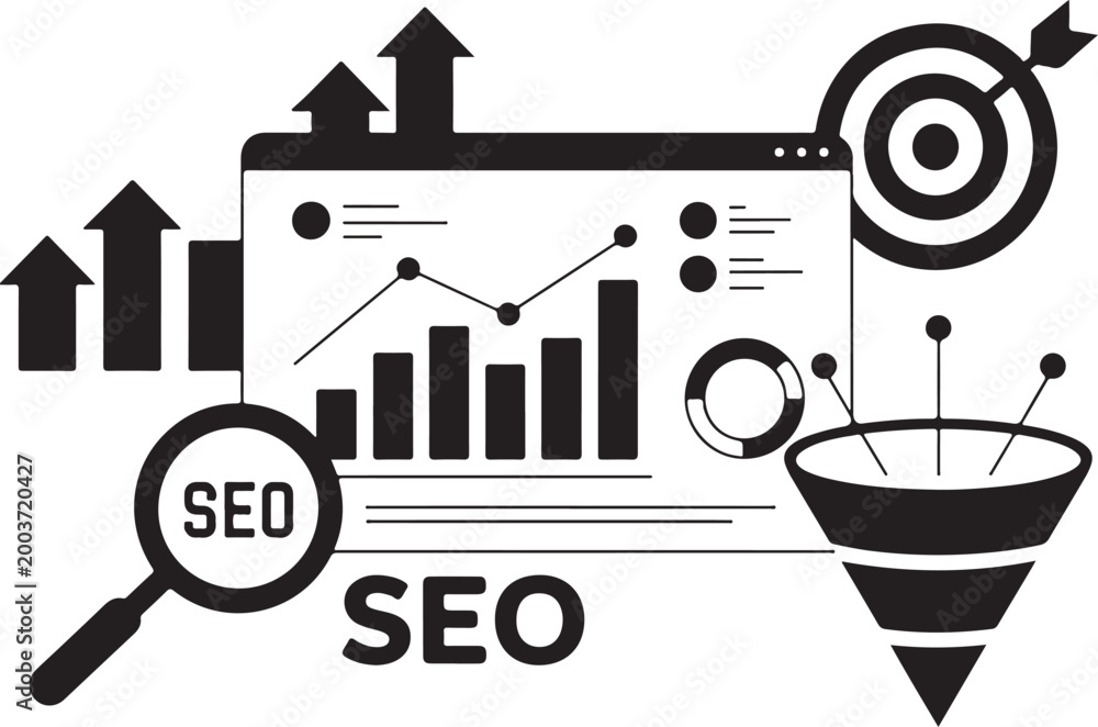 Obraz premium Search engine optimization analytics dashboard with funnel and target.