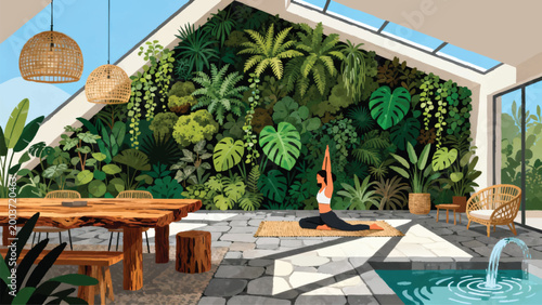 A biophilic interior design home, dramatic indoor living wall of dense verdant plants covering entire back wall floor to ceiling in rich layered flat-style botanical illustration
