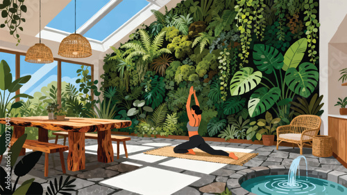 A biophilic interior design home, dramatic indoor living wall of dense verdant plants covering entire back wall floor to ceiling in rich layered flat-style botanical illustration