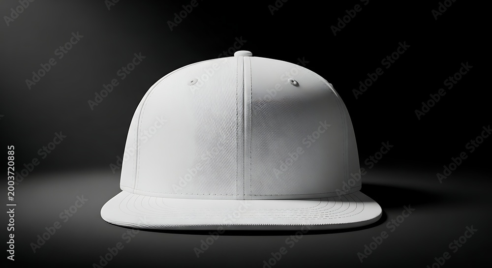Fototapeta premium Front view of a white blank snapback cap on a dark background