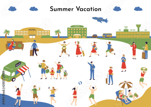 夏の旅行を楽しむ人たち