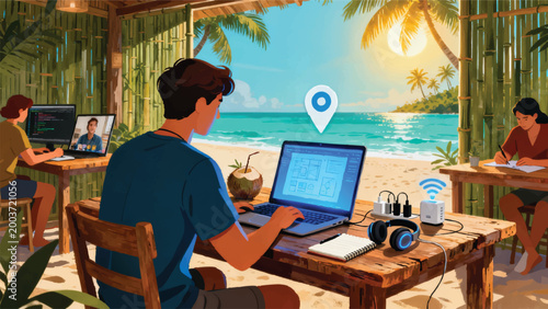 A digital nomad working remotely from a stunning tropical location, freelancer at a rustic wooden table in an open-air beach café with laptop showing design project in progress