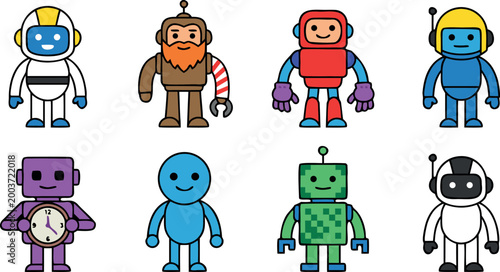 Colorful Collection of Friendly Cartoon Robot Characters in Various Shapes and Styles for Kids Tech Designs