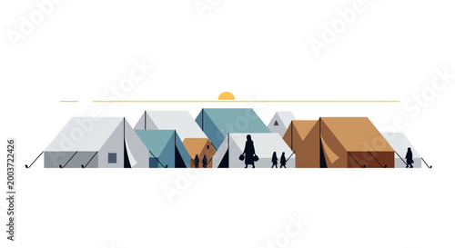 Refugee Camp Tents with People Silhouette