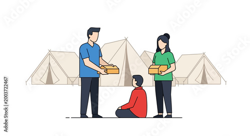 Charity donation, humanitarian aid, relief camp