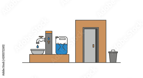 Water faucet, container, and building illustration