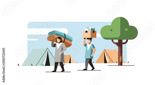 Displaced people carrying belongings in refugee camp