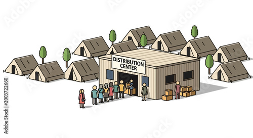 Distribution center with tents and people