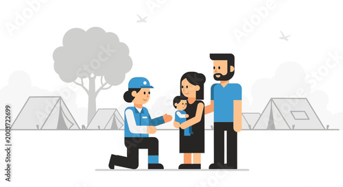 Aid worker helping refugee family with baby