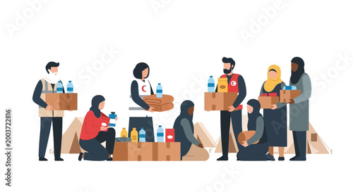 Humanitarian aid distribution with volunteers