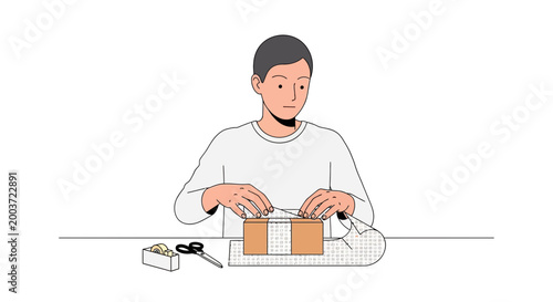 Man packing box, tape and scissors