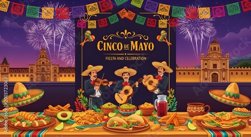 Cinco de Mayo celebration with a smiling mariachi trio, traditional Mexican food, sombreros, papal picador and fireworks over historic buildings, creating a lively, festive and cultural party scene