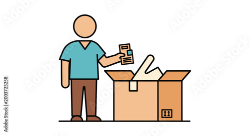 Unpacking box, person with product info