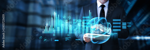 Photos Businessman using tablet for innovation technology data and network analysis, developing digital solutions, analyzing trends, improving business processes, and driving technological advancement