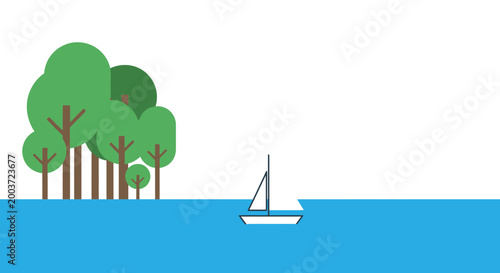 Sailboat on blue water, trees on island