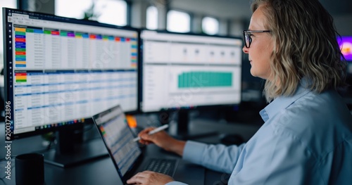 Data analysis and financial modeling woman analyzing charts and spreadsheets on multiple computer screens with laptop. High quality photo