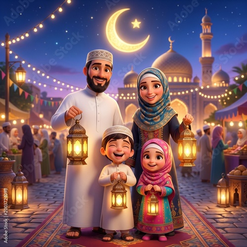Festive Eid Mubarak 3D Illustration with Muslim Parents and Kids