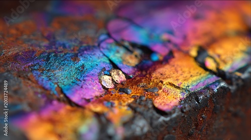 Macro close up of colorful heat tint oxidation on metal surface.