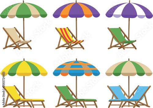 Colorful Collection of Summer Beach Chairs and Striped Umbrellas for Relaxation and Tropical Vacation Leisure Activities