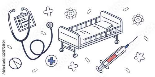 Medical examination and treatment icons with bed stethoscope and patient chart hospital stethoscope healthcare treatment medicine emergency injection instrument clinical diagnostic wellness