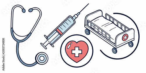 Healthcare icon set with hospital bed stethoscope and syringe hospital stethoscope healthcare treatment medicine emergency injection instrument clinical diagnostic wellness professional