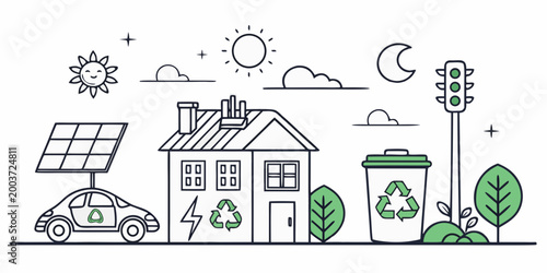Sustainable eco city life with electric vehicle and solar power electric recycling environment sustainability renewable management technology transport innovation illustration conservation