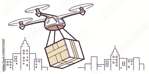 Drone delivery service carrying parcel package over modern cityscape line art illustration with delivery shipping logistics technology transport aviation quadcopter automation transportation