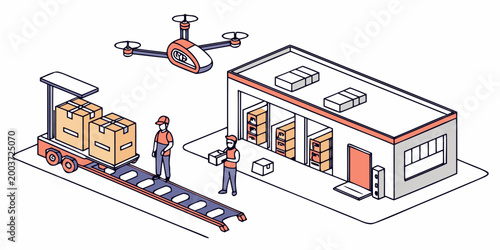 Isometric warehouse logistics operations with drone delivery and workers moving parcels warehouse logistics delivery shipping industry automation isometric transport management business
