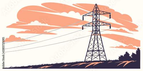 Electric power pylon silhouette against sunset clouds with electricity transmission infrastructure landscape silhouette industrial electrical engineering distribution framework structure