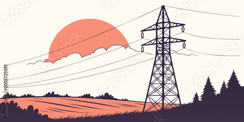High voltage electricity power transmission tower at sunset landscape with electricity transmission infrastructure industrial landscape engineering electrical silhouette environment powerline
