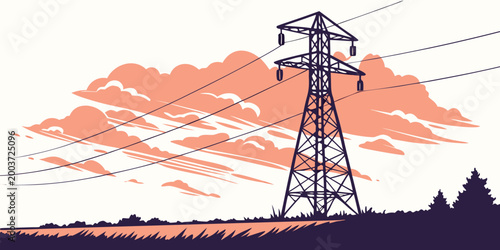 High voltage power pylon with sunset cloud background electricity transmission infrastructure silhouette industrial electrical engineering distribution framework structure technology