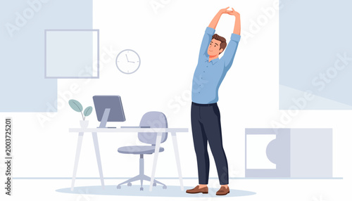 Businessman stretching at office desk for wellness break illustration