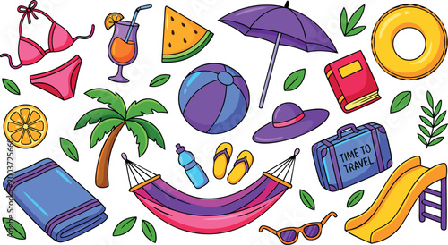 Colorful Collection of Summer Vacation Essentials Including Swimwear Beach Accessories Travel Gear and Tropical Island Icons