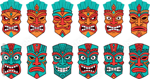 Colorful Collection of Tribal Tiki Mask Illustrations With Various Expressions for Tropical Summer Party Decorations