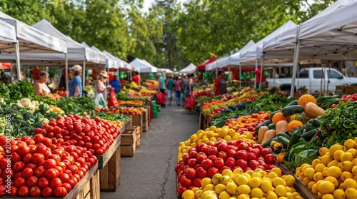 People browse fresh organic produce at a busy outdoor farmers market