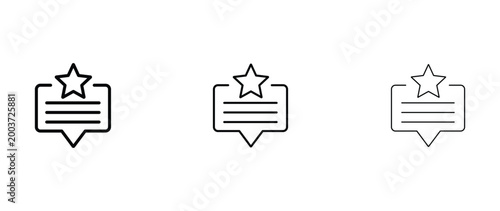 Minimalist review icon set with star and speech bubble, black outline feedback symbols in three stroke weights, customer testimonial vector graphics