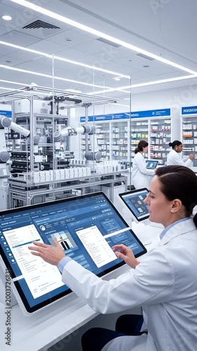 Scientist Working on Digital Screen in Laboratory.
