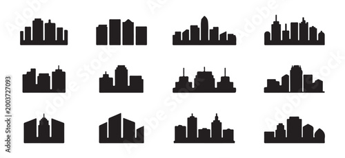 Set of black city skyline silhouettes showing various modern urban buildings for architectural design.