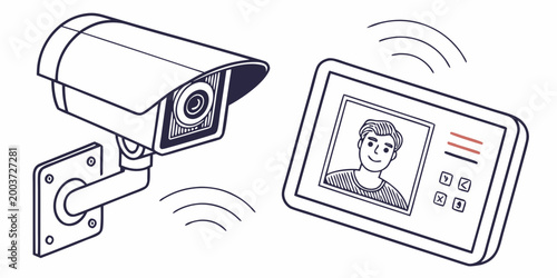Cctv security camera capturing facial recognition data for surveillance system with surveillance security biometric recognition identity verification technology detection protection scanning