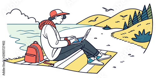 Digital nomad working on laptop at the beach on a sunny day with freelance vacation business lifestyle computer relaxation professional freelancer traveler creative technology vacationing