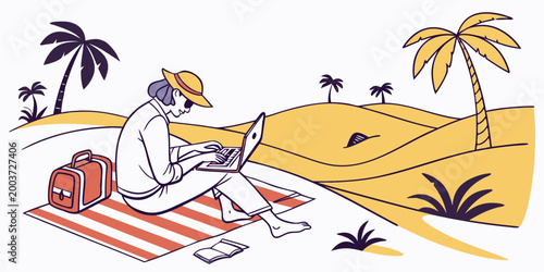 Digital nomad working on laptop at the sunny desert beach with freelance vacation business lifestyle computer relaxation professional freelancer traveler creative technology vacationing
