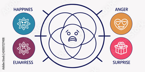 Complex human emotion diagram representing happiness anger and surprise with emotions psychology feelings happiness surprise expression behavior analysis infographic illustration connection