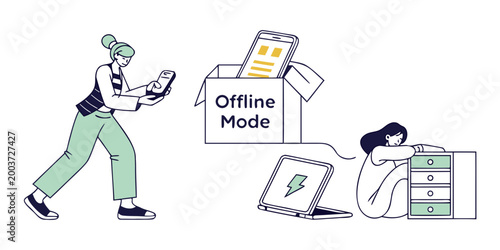 Offline mode concept illustration with people struggling with technology disconnection and internet connectivity issues disconnected internet technology connection frustrated business isolated